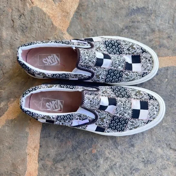 Floral Checkerboard Patchwork Vans Slip Ons - Picture 5 of 6
